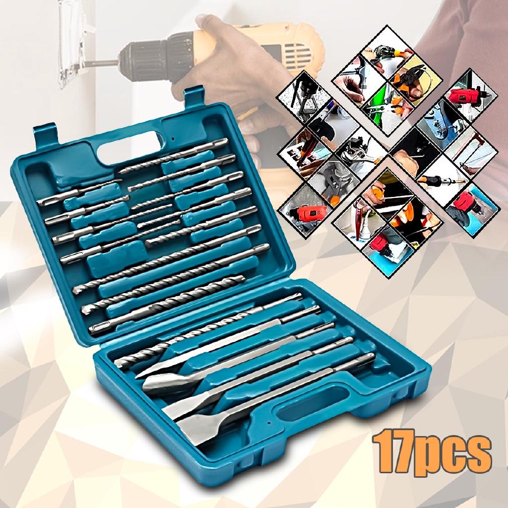 17 Pcs Drill Bits And Chisel SDS Plus Rotary Hammer Bit Masonry Set In Storage Case New