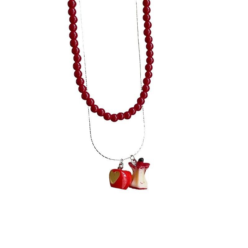 Niche Design Sense Three-Dimensional Apple Red Beads Stacked Necklace Women'S Simple Light Luxury Versatile Neck Chain Sweater Chain