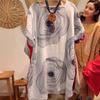 2026 European and American Fashion: Women's Abstract Print Linen Dress with Round Neck and Three-Quarter Sleeves