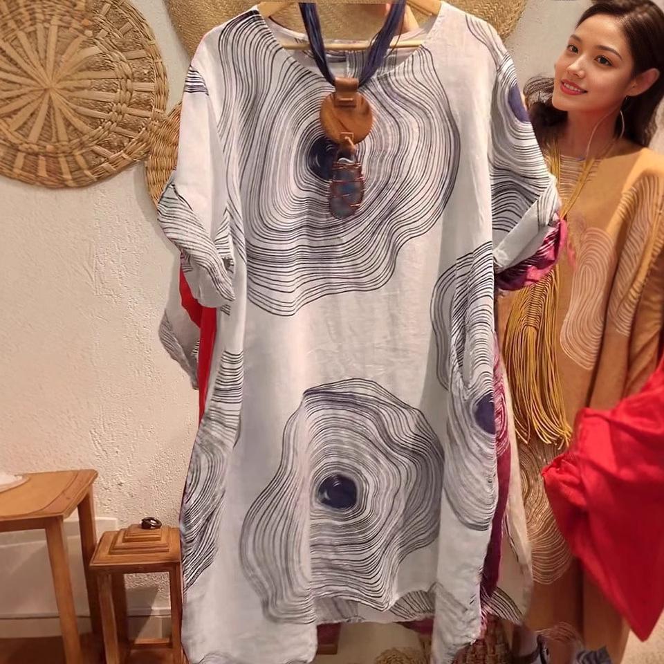 2026 European and American Fashion: Women's Abstract Print Linen Dress with Round Neck and Three-Quarter Sleeves