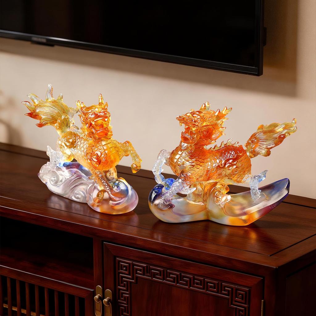 Auspicious Qilin LIULI Ornament Handcrafted Chinese Mythical Beast Sculpture with Cloud Base, Feng Shui Good Fortune Symbol for Living Room Office