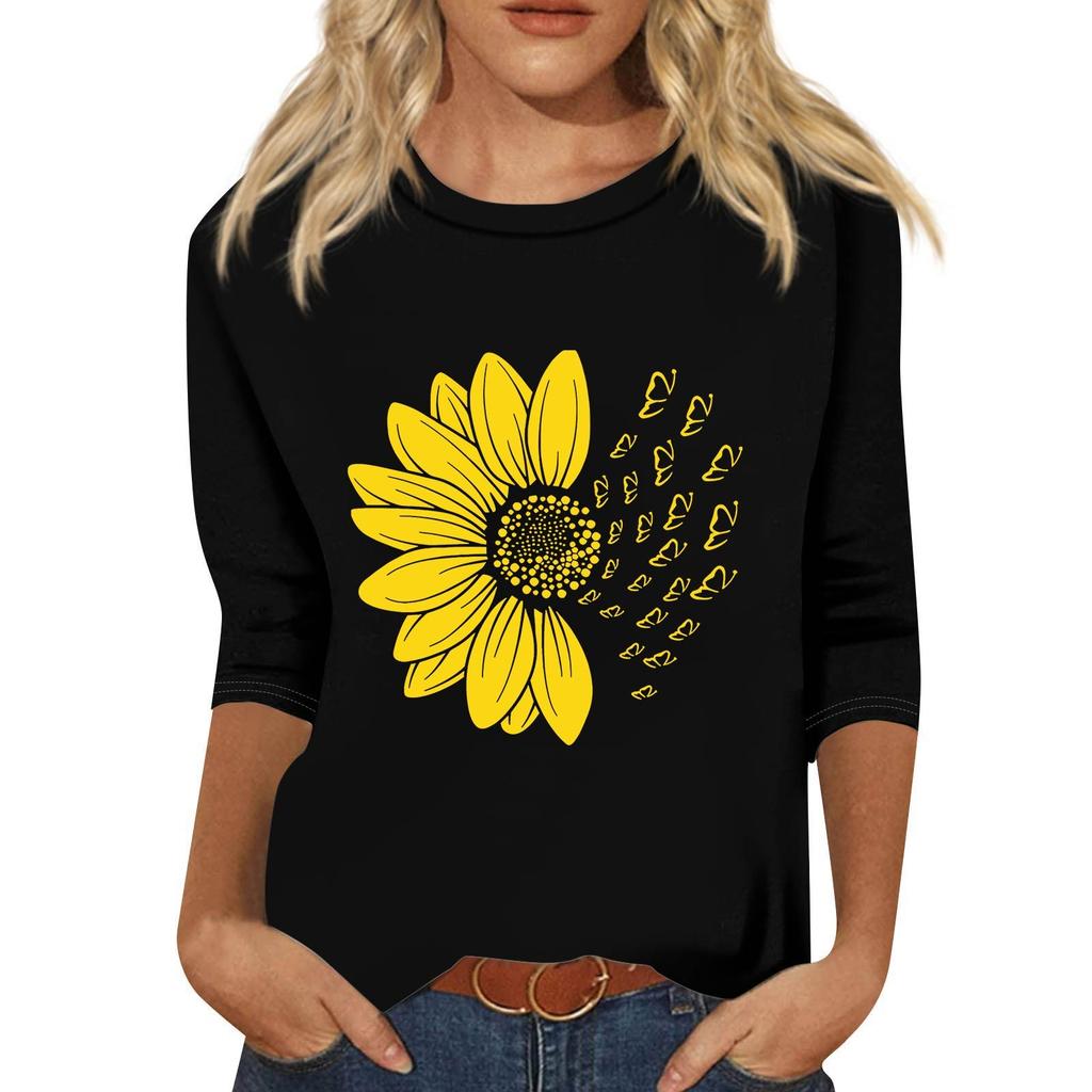 Women's Fashion Loose Casual Seven 3/4 Sleeve Printed Round Neck Pullover Top