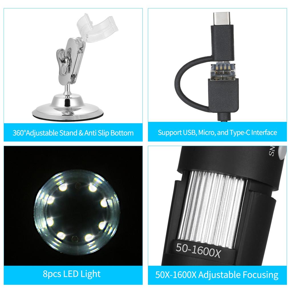 USB Digital Zoom Microscope Magnifier with OTG Function 8 LED Light Magnifying Glass 1600X Magnification with Stand