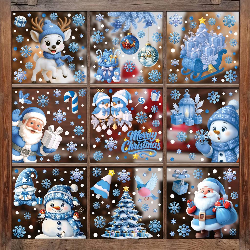Merry  Christmas Window Stickers Blue Snowman Santa Claus Snowflake Elk Glass Decals  2025  xmas Party Stickers Gifts
