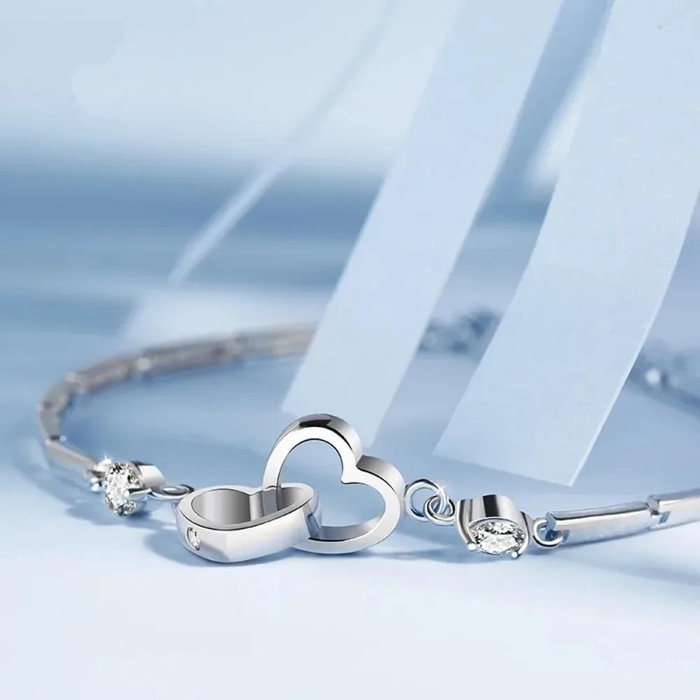 New Charms 925  Silver Bracelets Bangles for Women Valentine's Days Gift Cubic Zircon Double Heart Bracelet Jewelry