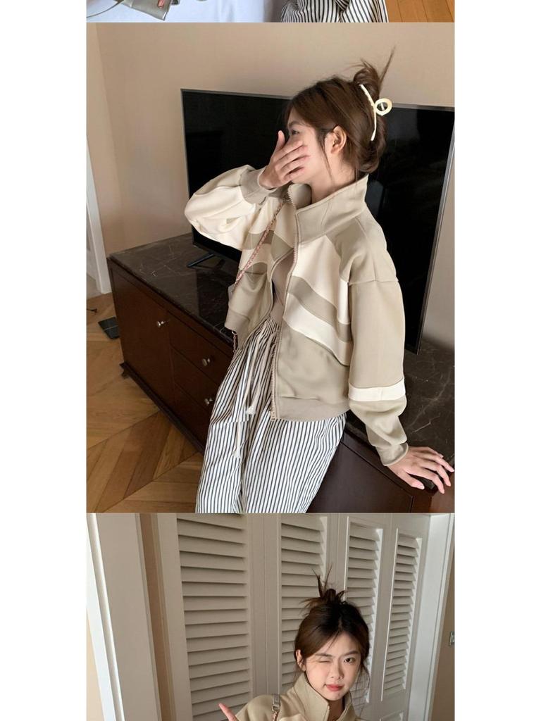 Women's Retro Colorblock Stand-Up Collar Sweatshirt Jacket, Spring/Autumn 2025, Casual Loose Baseball Cardigan.