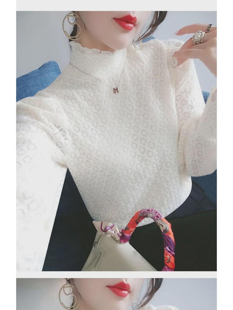 Top de toamnă cu mânecă lungă și guler semi-înalt din dantelă de catifea