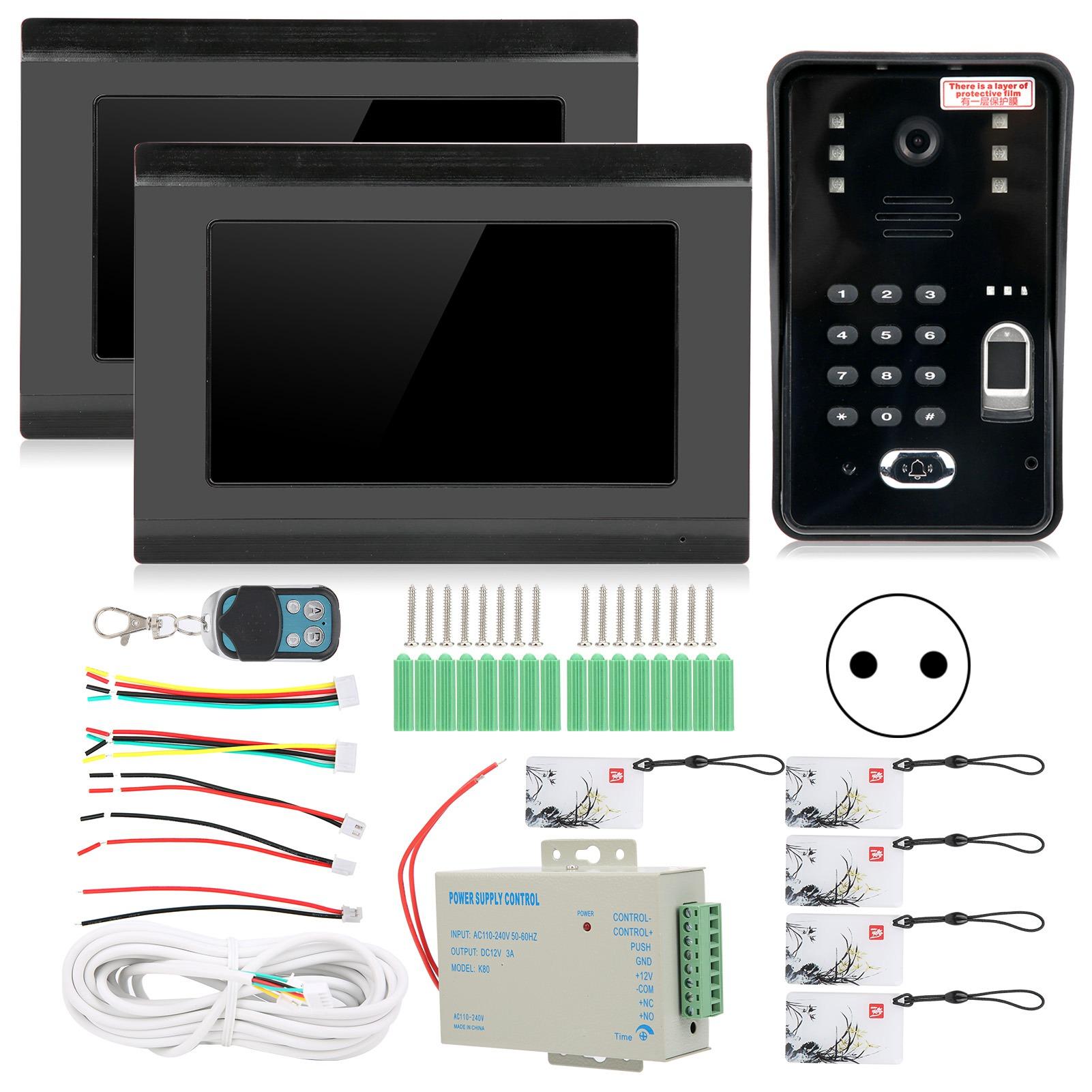 

7-дюймовый видеодомофон, проводной, Wi-Fi, 2 монитора, отпечаток пальца, пароль, IC-карта, удаленная разблокировка, ночное видение