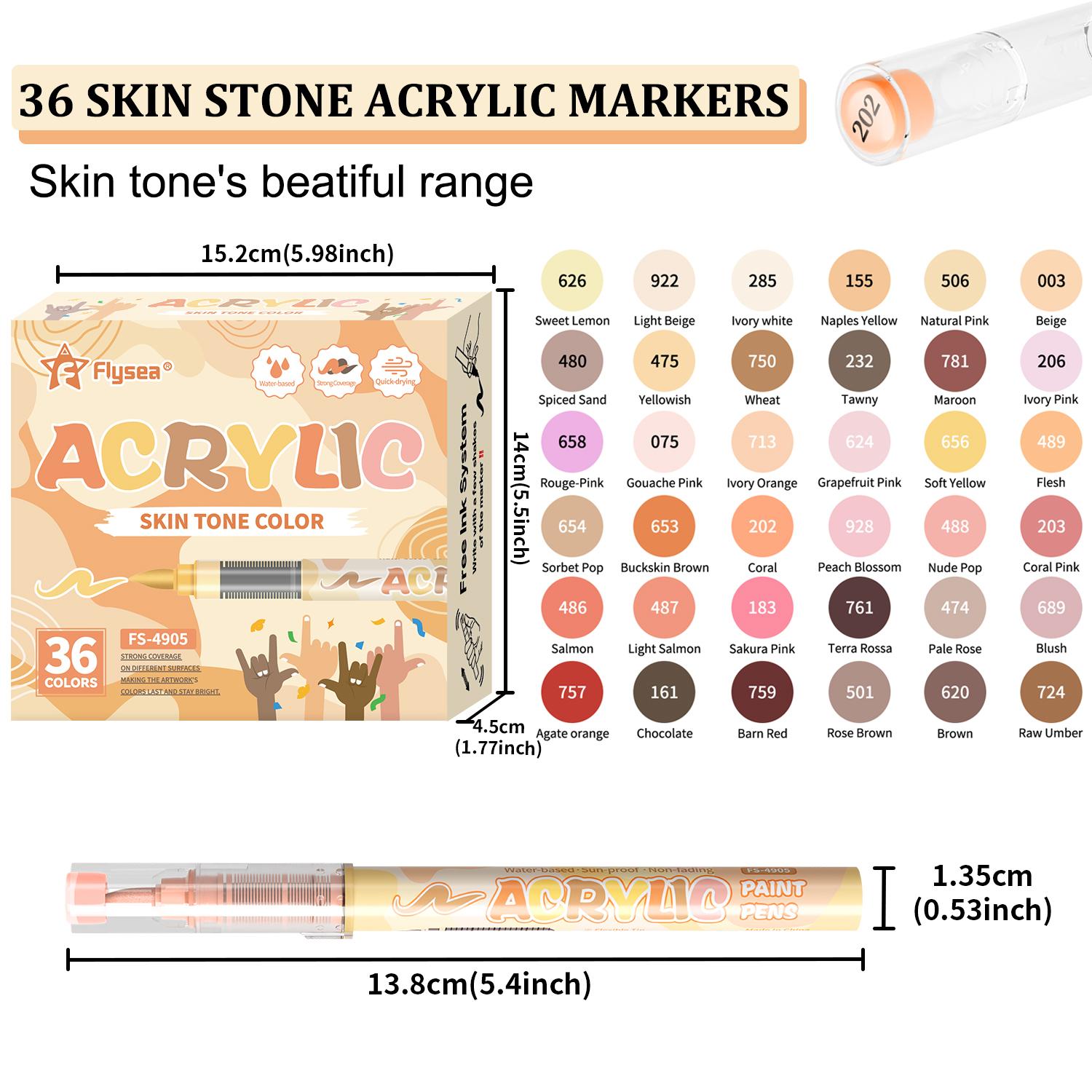 Skin Tone Acrylic Paint Art Markers, 36 Colors Brush Tip Skin Tone Markers Set, Perfect for Paper Wood Rock Glass