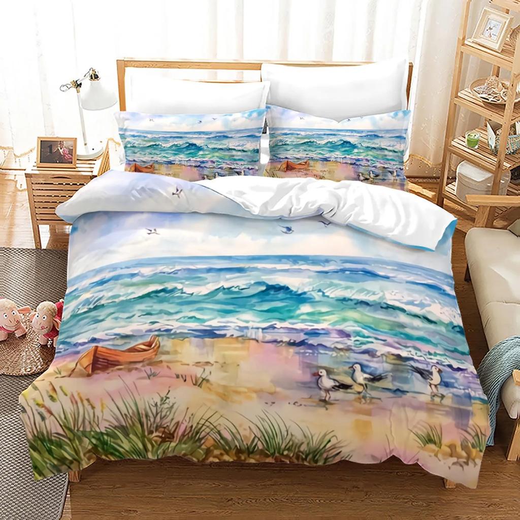 Pink Beach Duvet Cover With Pillowcase Sea Beach Nature Landscape Theme Print Bedroom Decorations Polyester For Children Women