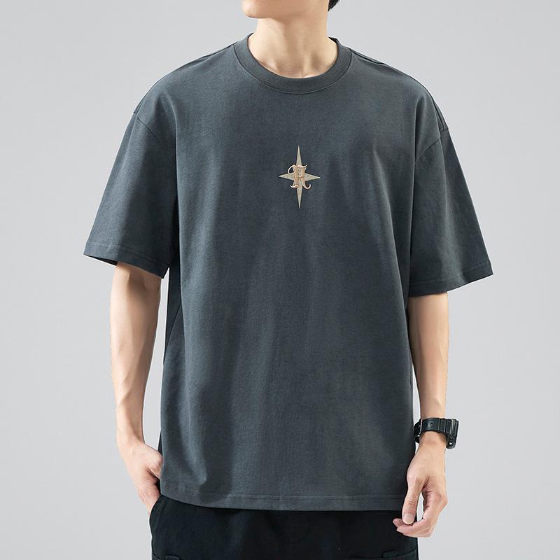 

Летняя мужская футболка с коротким рукавом, вязаная высокой плотности, свободного кроя, модная, с вышивкой 4XL серый