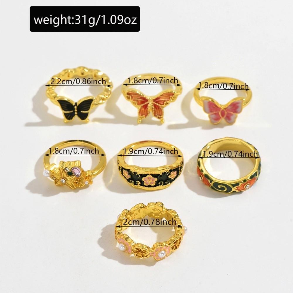 7Pcs/Set Rhinestone Flower Ring Set Camellia Flower Irregular Rings Unique Enamel Finger Rings Gift