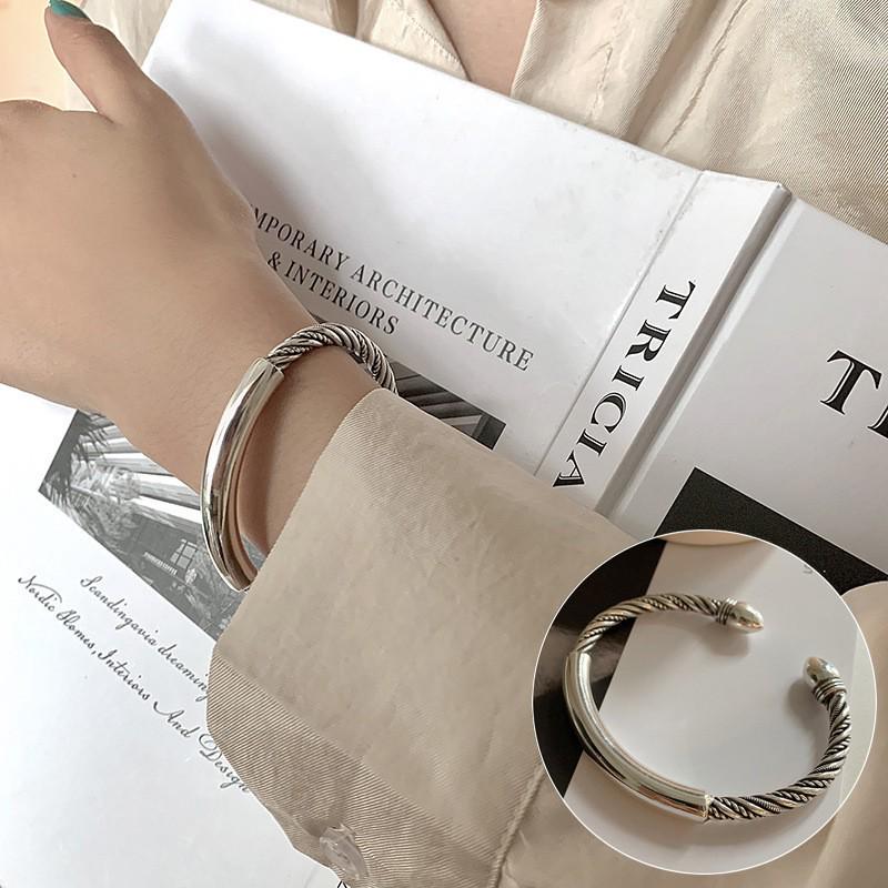 Retro Braided Open Bangle: S925 Silver Plated Unisex Bracelet - Trendy Heavy Industry Design