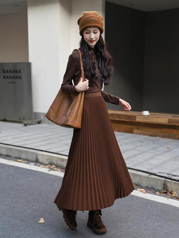 Winter 2024 Women's High-Waisted Wool Blend Pleated Midi Skirt – Slimming A-line Casual Style