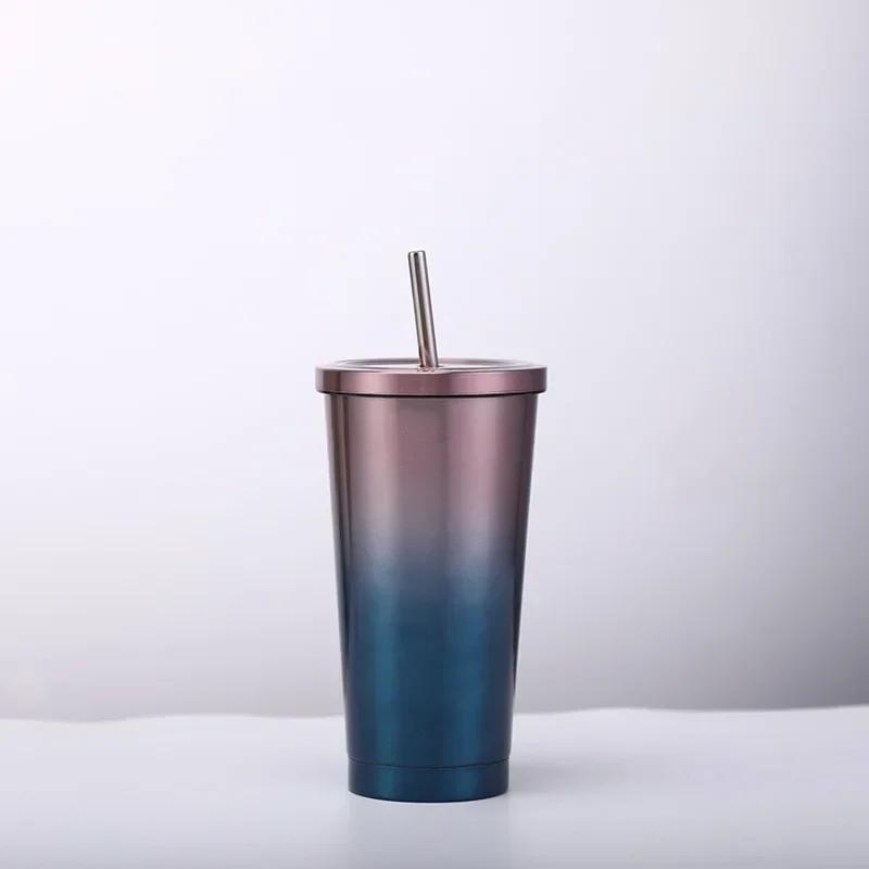 500ml din oțel inoxidabil vid paie cană suc cană de cafea cu capac portabil sticla izolatoare dublu strat pentru acasă vase de băutură