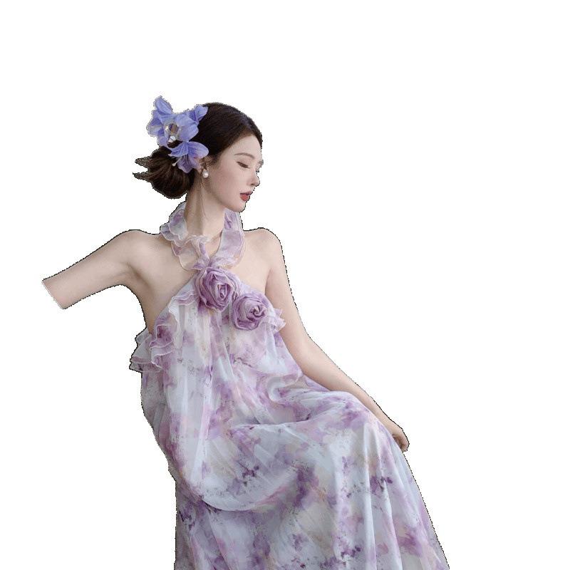 Mist Purple Heavy Industry Handmade Rose Neck Dress Lotus Leaf Edge Printed Holiday Dress