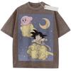 Summer Mens Beige Washed T  Shirt Dragon Ball Kirby Goku Cloud Moon Stars Crossover Print High  Quality Fabric