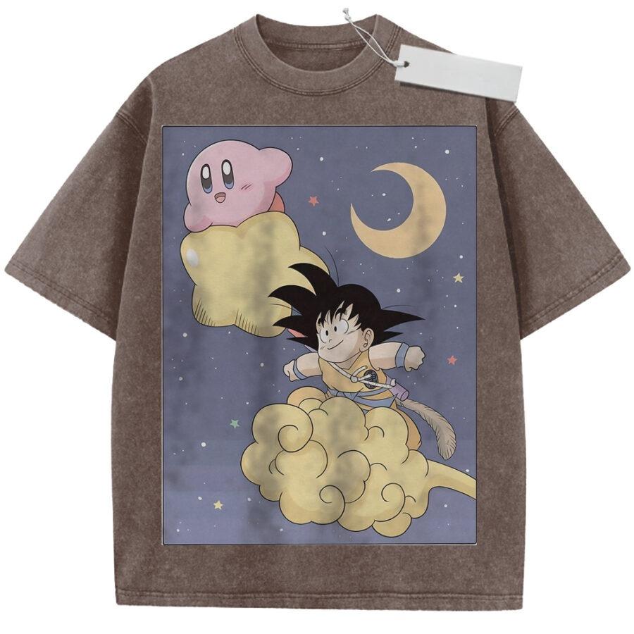 Summer Mens Beige Washed T Shirt Dragon Ball Kirby Goku Cloud Moon Stars Crossover Print High Quality Fabric
