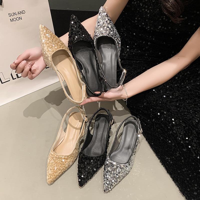 Premium sense versatile sandals summer 2025 new temperament bag head sandals sequins shallow mouth pointed sandals