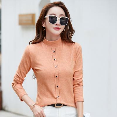 Kadınlar için Yarım Balıkçı Yaka Alt Gömlek, Sonbahar ve Kış Kore Tarzı Slim Fit Sıcak Düğmeli Uzun Kollu Tişört Kadınlar için