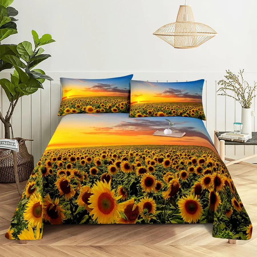Sunflower Bed Sheets and Pillowcases for Single Double Beds Bedsheets Set with Pillow Case 2pcs 3pcs Queen Full Size 3D Soft