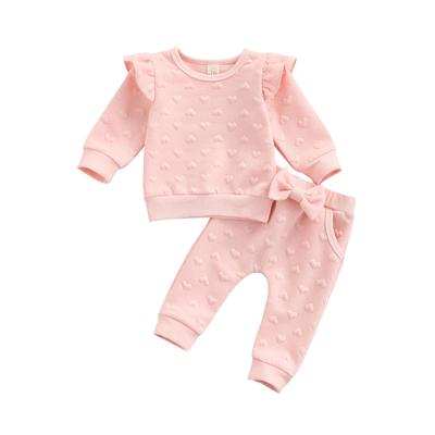 Completo da 2 pezzi per bambini, top con volant a maniche lunghe con scollo a O in tinta unita + pantaloni con fiocco per ragazze, rosa, 0-24 mesi