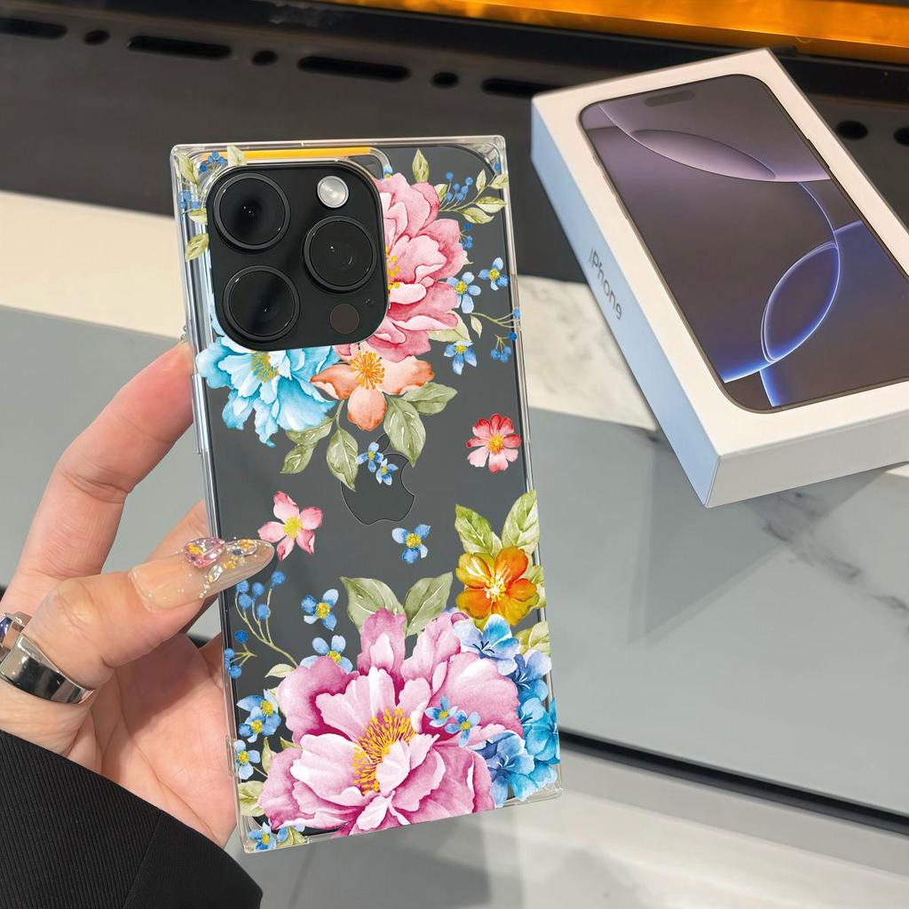 Transparente Quadratische Rückseite Röhrenhülle Schutz Für iPhone 11 16 ProMax 12 14 Pro Max 15 Plus 13 Anti-Sauerstoff, Musterhülle mit üppiger Blüte