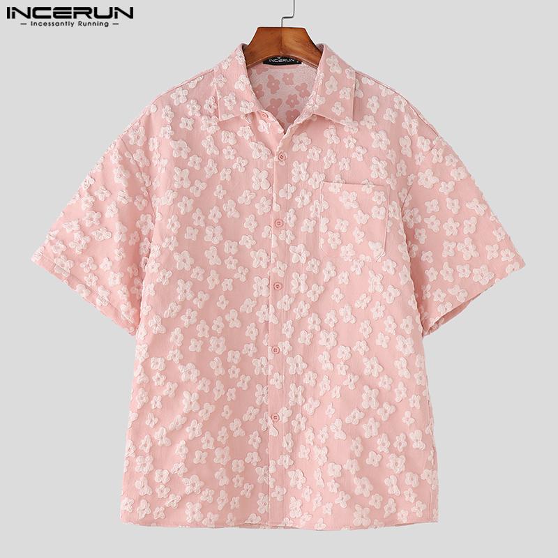 INCERUN S-XXXXXL Men Lapel Neck Short Sleeve Flowers Texture Buttons Casual Shirts