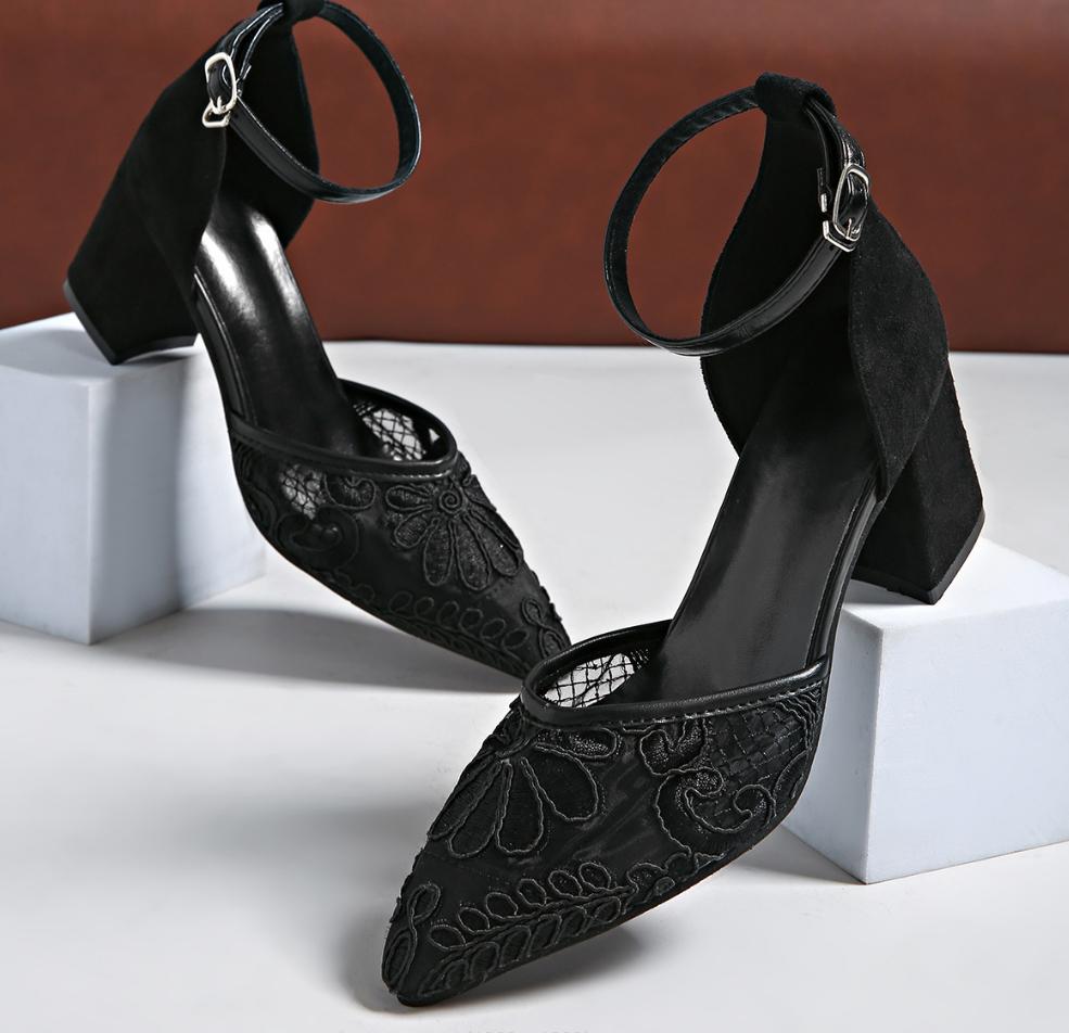 Luxury Mesh Embroidery High Heels Shoes Women Pointed Toe Slingback Heeled Gladiator Sandals Summer Elegant Banquet Dress Shoes