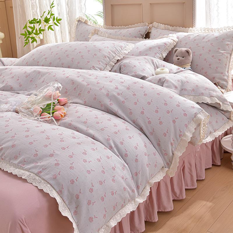 

2026 Cotton Lace Princess-Style Korean Bedding Set - Pure Cotton Double Gauze Duvet Cover, Skin-Friendly Four-Piece 1.2m Bed Sheet, 3pcs (Duvet 150*200cm)