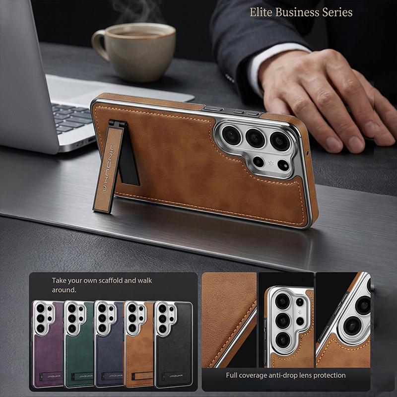 Premium Vintage Leather Case for Samsung Galaxy S26 Ultra S25+Plus S24 with Kickstand Holder Business Stylish Plating Frame