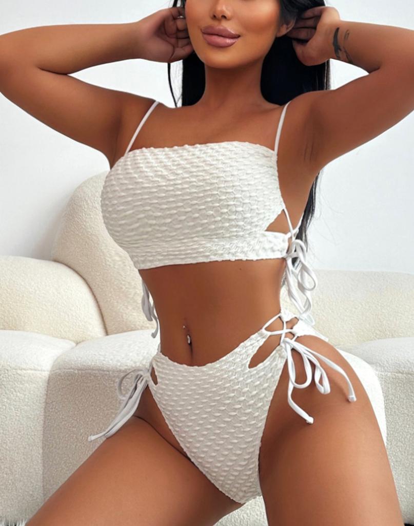 Women's Swimsuit Solid Color Back Tie High Waist Split Swimsuit Bikini Beachwear Bathing Suits