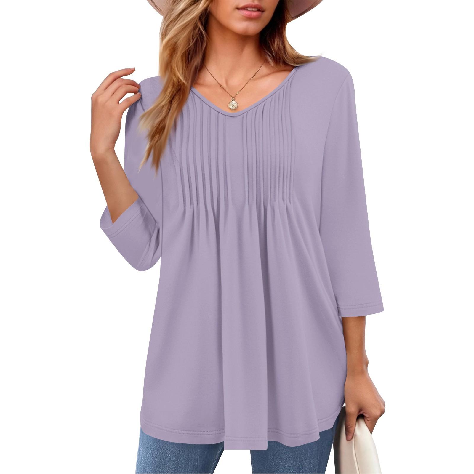 

Жіночі топи з V-подібним вирізом, рукавами три чверті, смугасті плісовані повсякденні літні модні сорочки-топи M