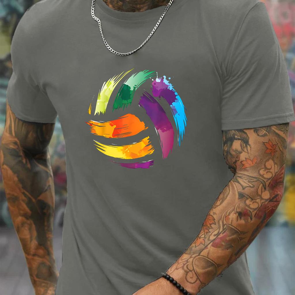 Unisexs Geometric Volleyball Print Crew Neck Tshirt Breathable Tee With Colorful Design Regular Fit Casual Short Sleeve Top