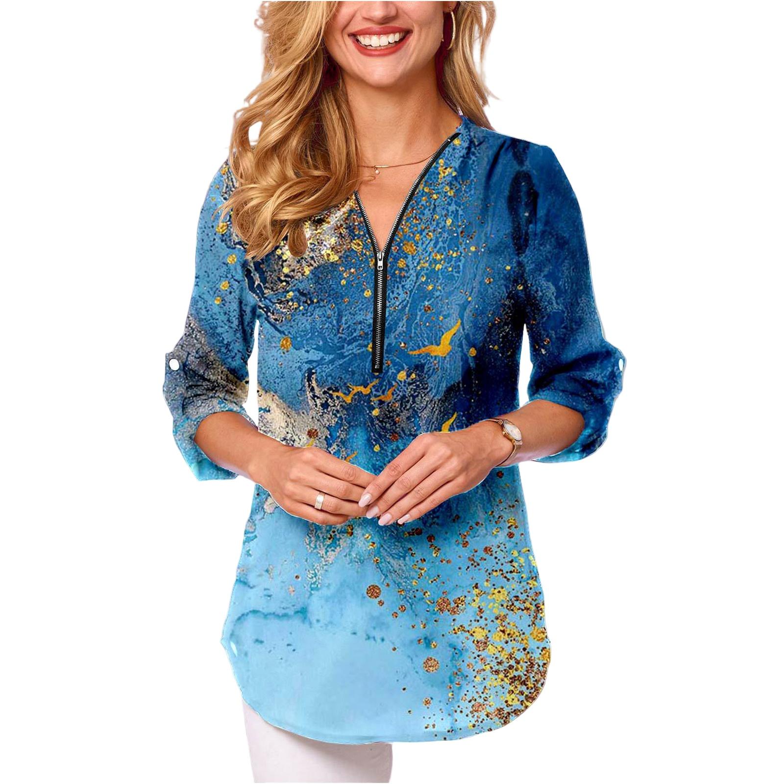 

Womens Plus Size Long Sleeve V Neck Zip Up Blouse Loose Fit Roll Tab Sleeve Printed Tunic Top for Casual Wear XL синий