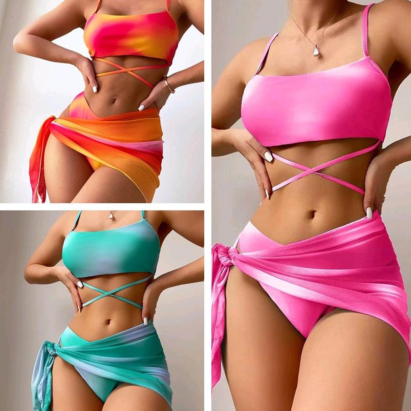 

2023 Tie-Dye Lace-Up Sexy European & American Bikini Three-Piece Set Medium оранжевый/розовый