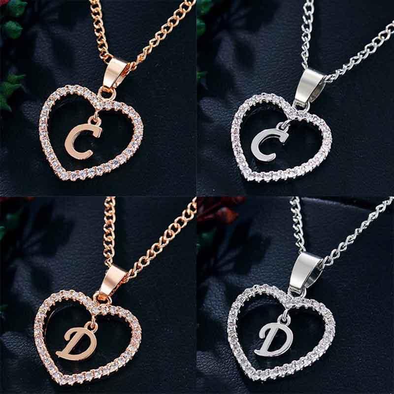 Heart Letters 26 Love Crystal Women Silver Plated Chain Jewelry Necklace