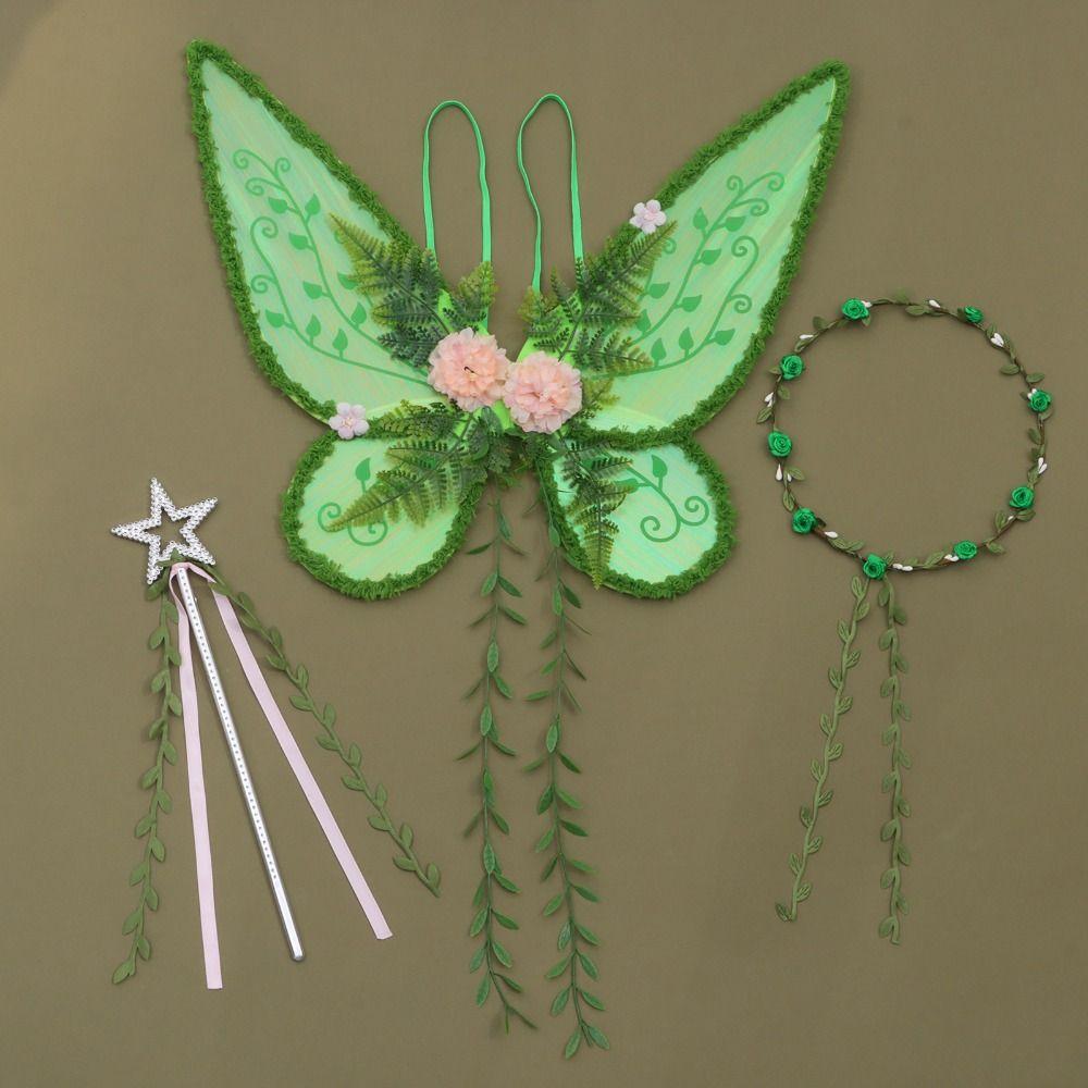 Conjunto de Coroa de Flores e Asas de Fada da Floresta Varinha Mágica Estilo Natureza Fantasia de Fada do Bosque Fantasia para Meninas Adereços de Fantasia para Crianças