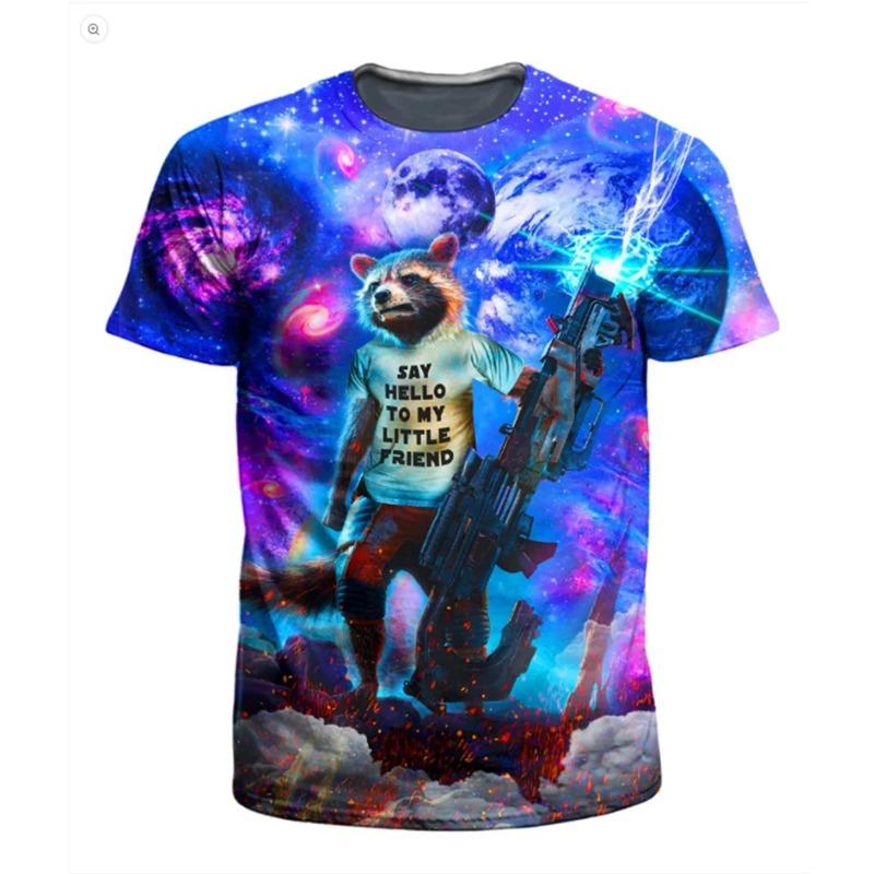 Summer Round Neck 3D Cute Funny Raccoon Graphic Print Top Fashionable Casual Short Sleeved Men's T-shirts