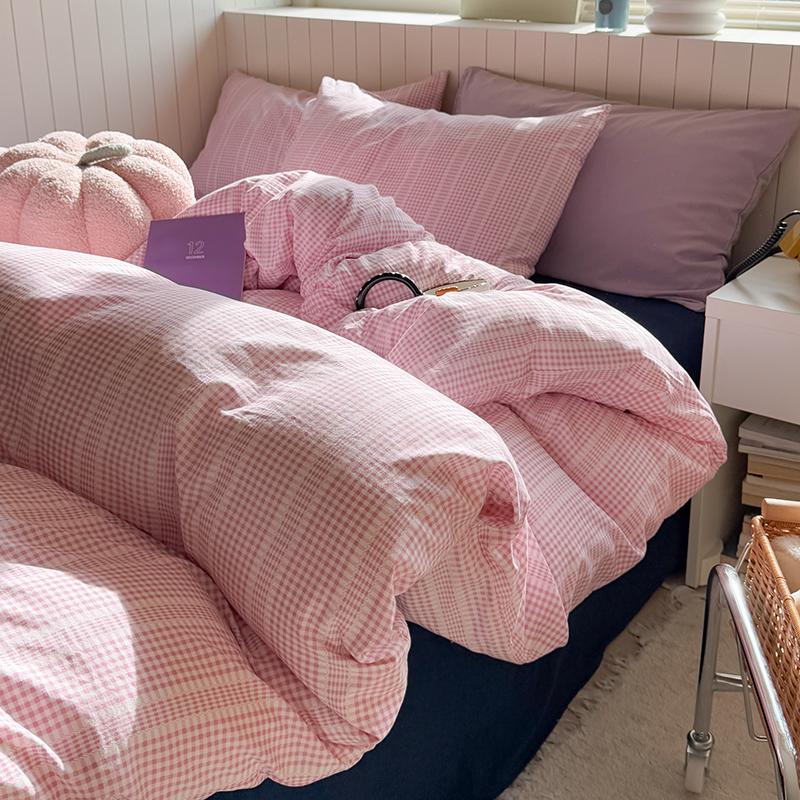 Korean Pink Grid Bedding Sets For Girls  New Flat Sheet Duvet Cover Set Pillowcase Bed Linen Queen Full Size Quilt Cover