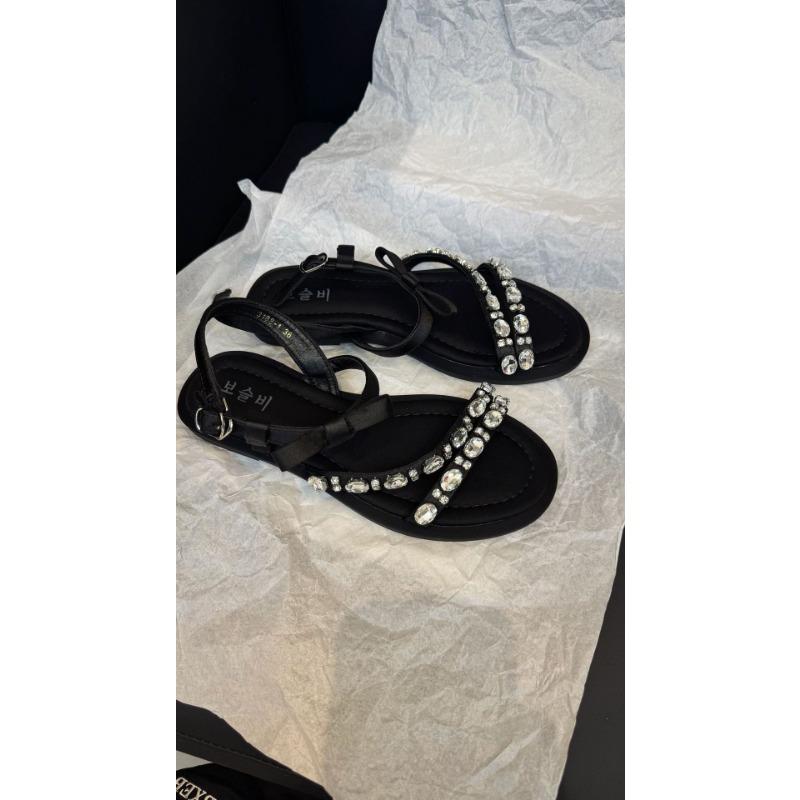 

Весенние новые кожаные сандалии со стразами, женские, с бантом, модная повседневная обувь, высококлассные сказочные балетки 40 чёрный