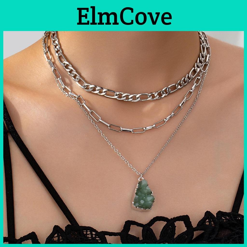 Geometric Green Resin Pendant Necklace For Women With Multilayer Chains