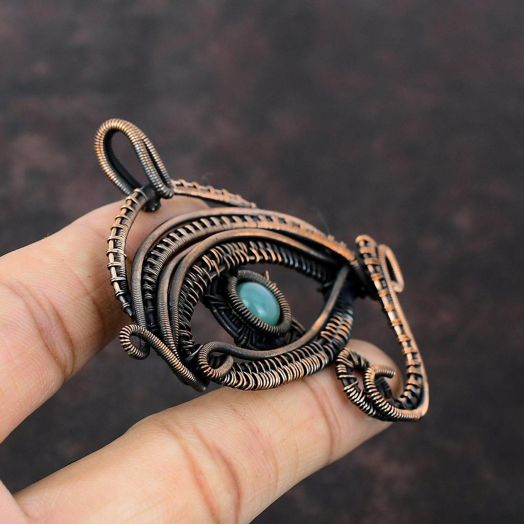 Pingente de água-marinha com mau-olhado, fio de cobre enrolado, pingente feito à mão, joia de cobre, presente para ele, pingente de pedra preciosa real, joia enrolada em fio