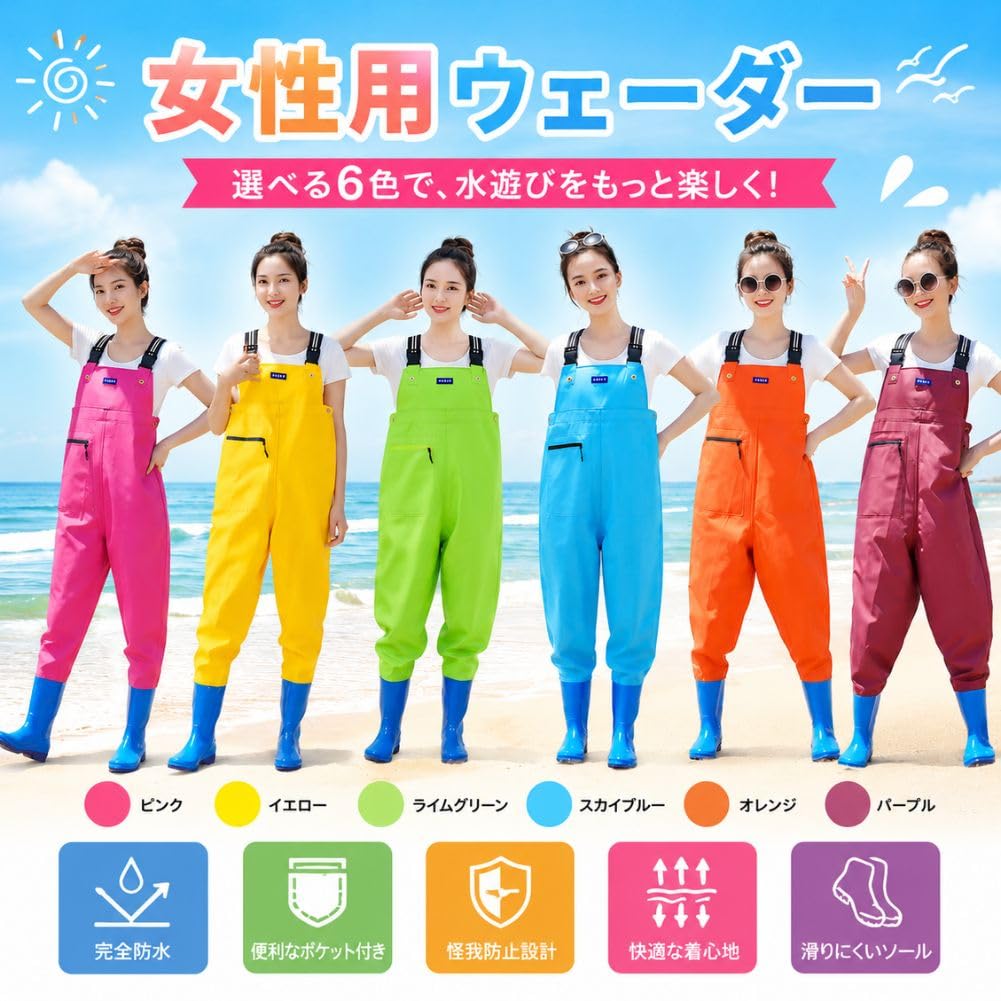 [YMSTco] Women's Chest Waders, Cute and Stylish, with Shoulder Straps, Waterproof, Injury Prevention, Fishing Suit, for Fishing and Clam Digging, with