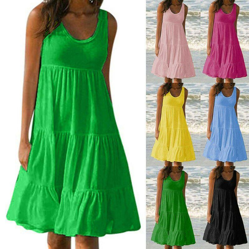Stylish Women's Holiday Summer Solid Sleeveless Party Beach Loose Short Dress Sundress For Effortless Elegance
