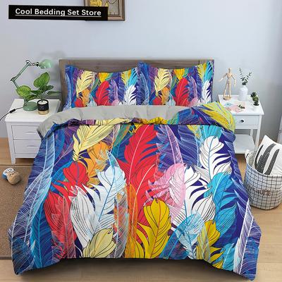 Federn Bettbezug Queen/King Size Boho Bunt Vogelfeder Bettwäscheset Tropische Blätter 2/3tlg. Polyester Bettdeckenbezug