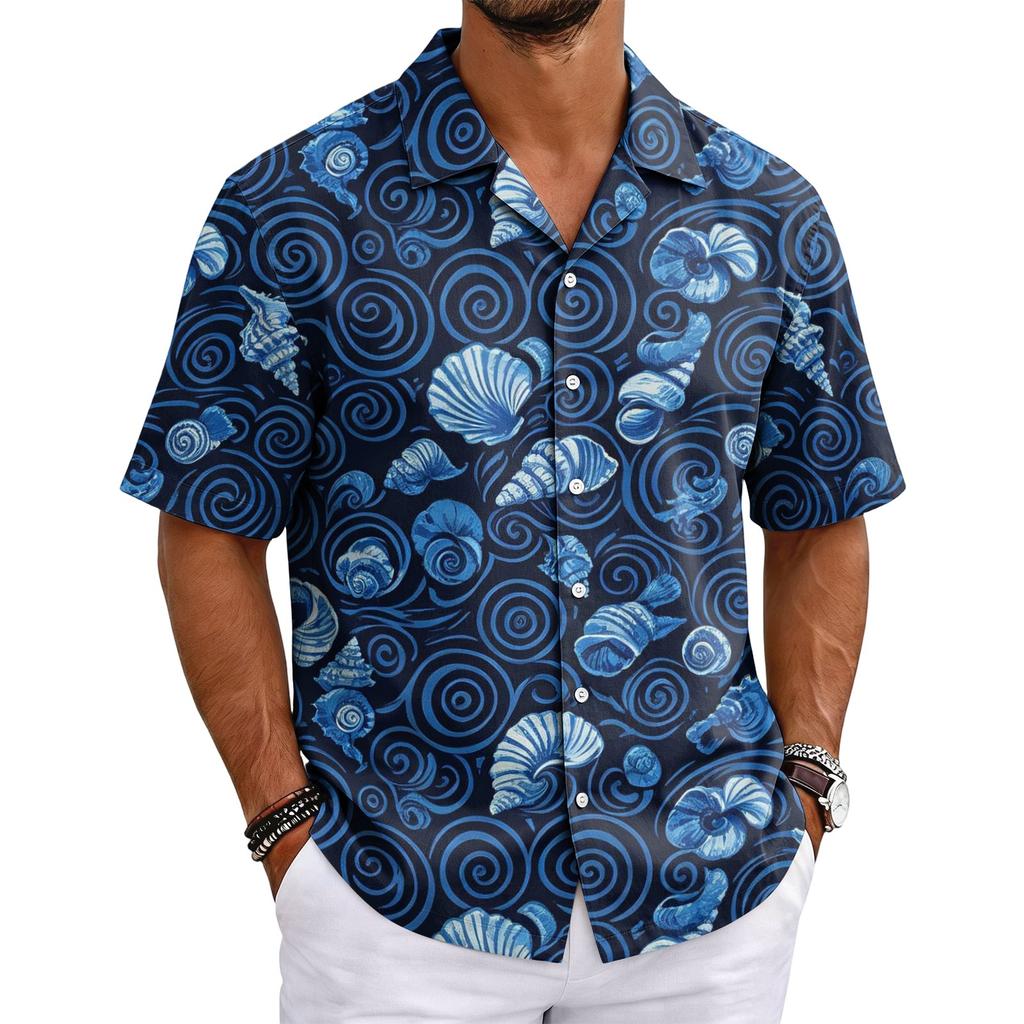 Men's Summer Hawaiian Print Cuban Collar Shirt Lightweight Breathable Short Sleeve Button Down Casual Beach Shirt