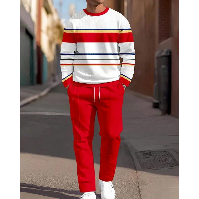 Men's Casual 2-Piece Set Comfortable Long-Sleeved Printing Round Neck Man T-Shirt and Drawstring Sport Two-Piece Sets