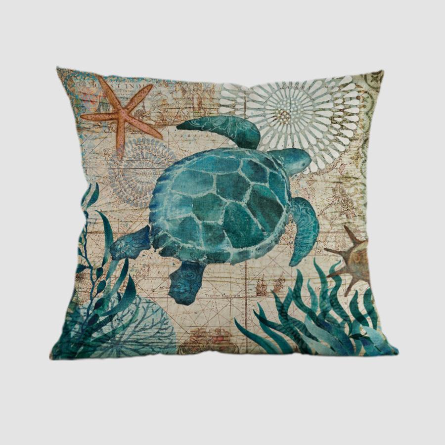 Blue Ocean Whale Turtles Sofa Decorative Pillow Case Water Color Octopus Little Fish Cotton Linen Chair Cushion Cover Cojines