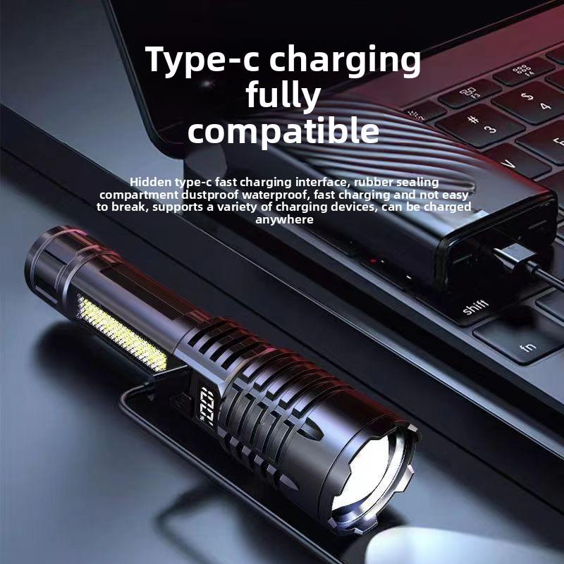 Portable Zoom Torch High Power LED Flashlight Type-C Rechargeable Waterproof Light with COB Side Lamp for Outdoor Camping Hiking